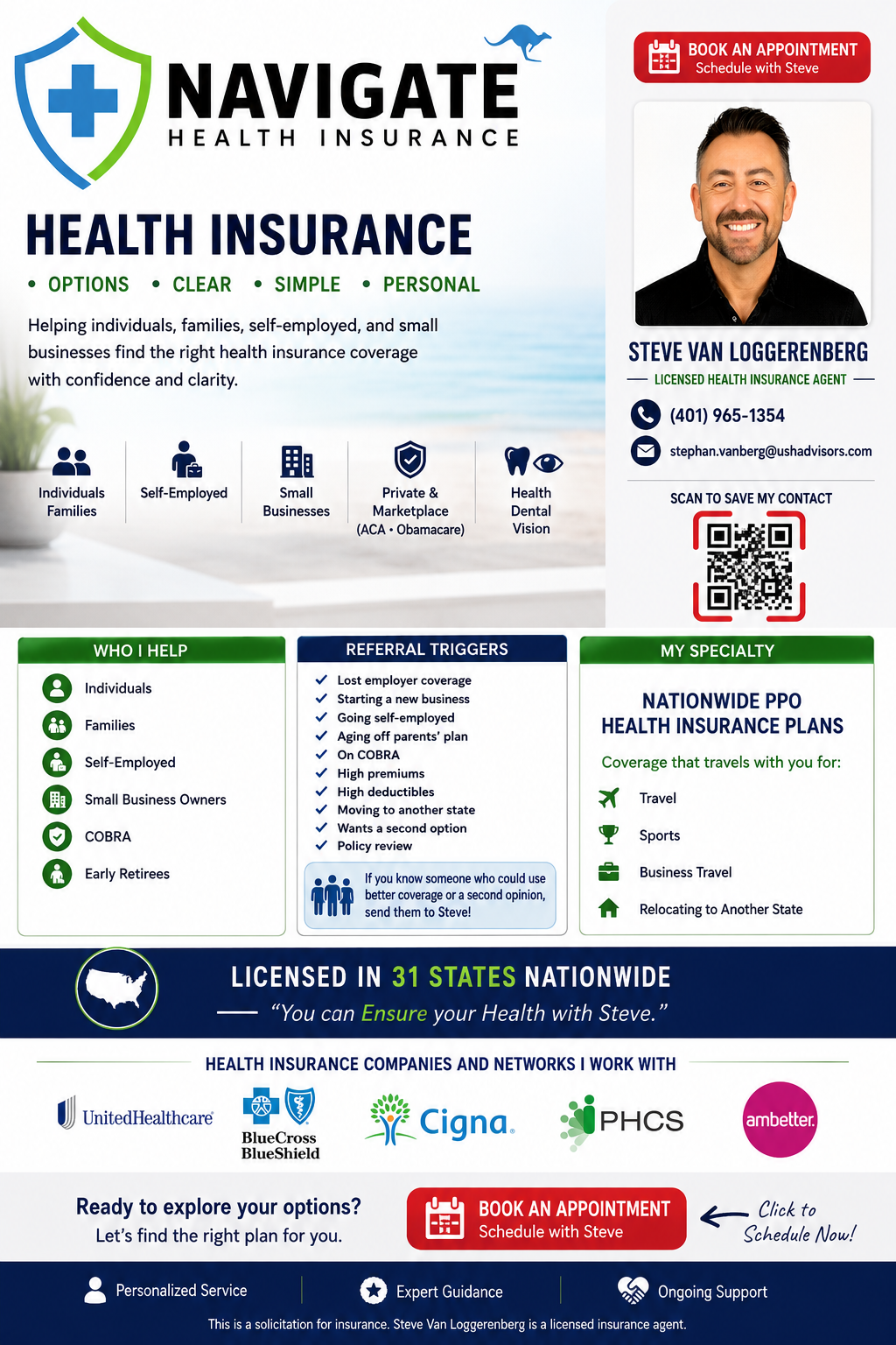 Navigate Health Insurance landing page for Steve Van Loggerenberg with contact details, services, referral triggers, PPO specialty, carrier logos, QR code, and booking button.